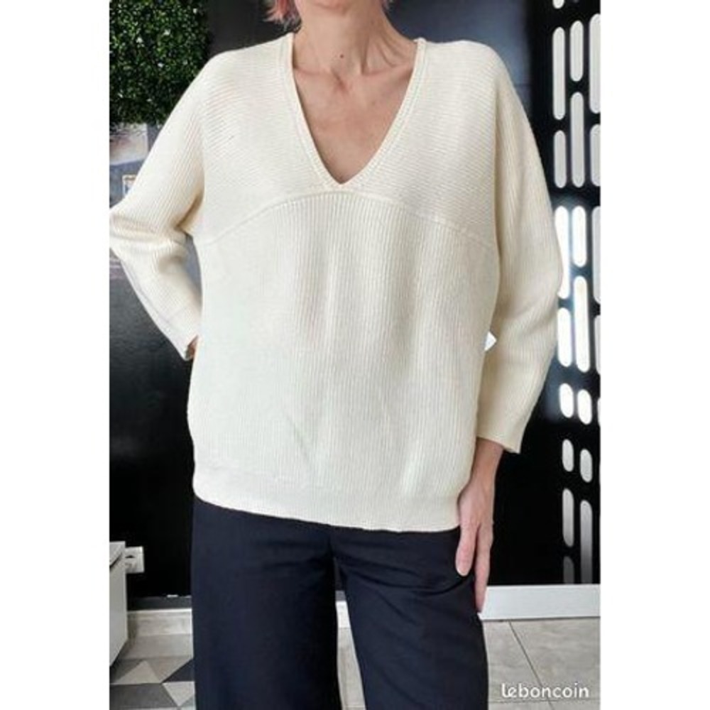 Maison 123 Paris Cream Ribbed V Neck‎ Oversized Batwing Sleeve Sweater Size XL